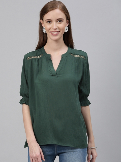 

Vero Moda Women Green Solid Top with Lace Inserts