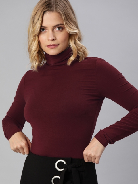 

Vero Moda Women Maroon Solid High Neck Regular Top