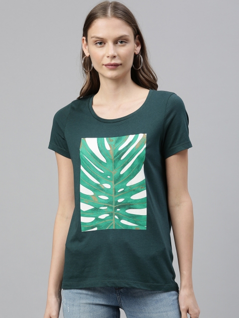 

Vero Moda Women Green Tropical Printed Scoop Neck T-shirt
