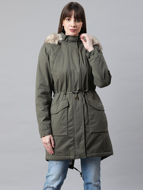 

Marks & Spencer Women Olive Green Solid Longline Hooded Parka