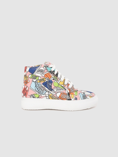 

YK Kids Peach-Coloured & White Printed Synthetic Mid-Top Sneakers