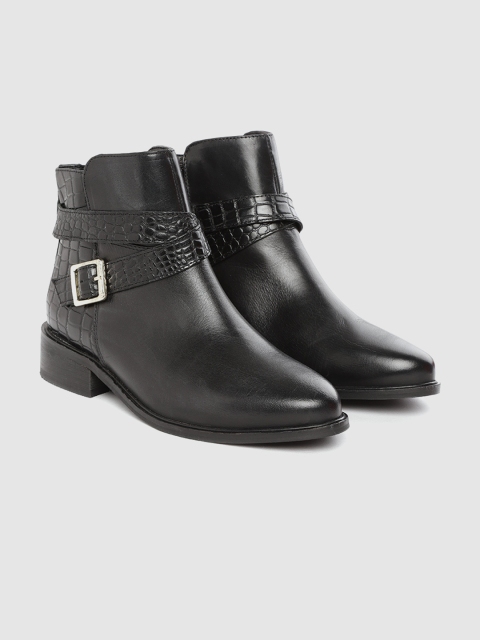 

Marks & Spencer Women Black Leather Mid-Top Croc Textured Flat Boots