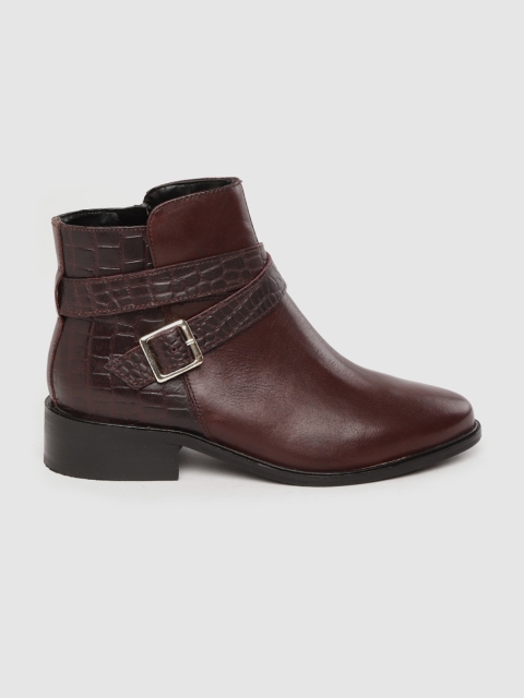 

Marks & Spencer Women Burgundy Leather Mid-Top Croc Textured Flat Boots