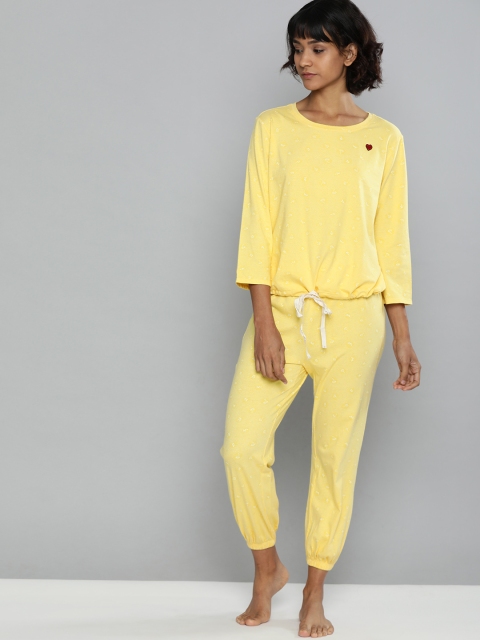 

Chemistry Women Yellow & White Printed Night suit