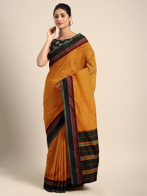 

aamna Mustard & Black Polycotton Solid Narayan Peth Saree