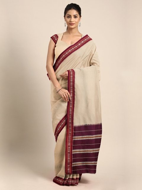

aamna Beige & Maroon Polycotton Solid Narayan Peth Saree