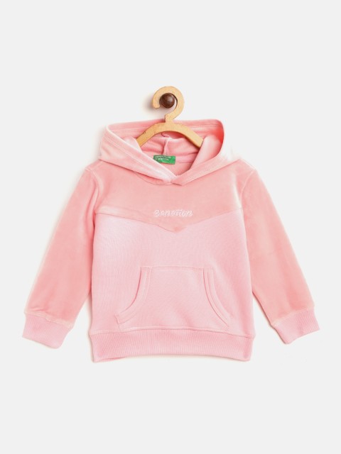 

United Colors of Benetton Girls Pink Velour Solid Hooded Sweatshirt