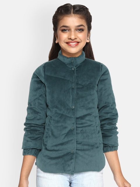 

United Colors of Benetton Girls Teal Green Self Striped Padded Jacket