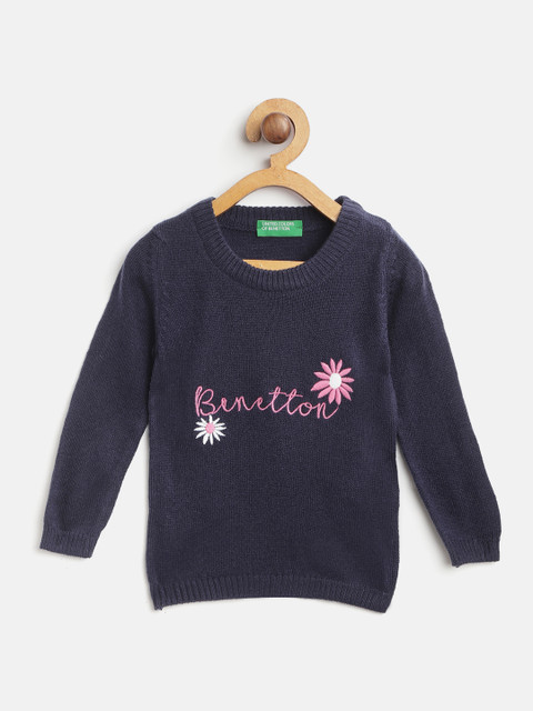 

United Colors of Benetton Girls Navy Blue Embroidered Pullover Sweater