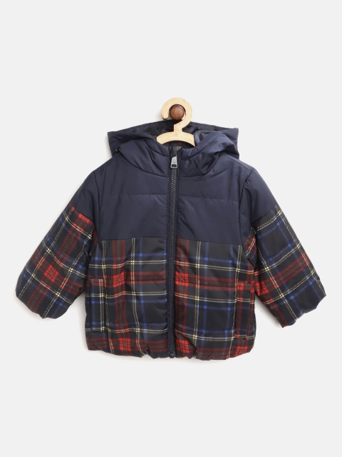 

United Colors of Benetton Boys Navy Blue & Red Checked Hooded Padded Jacket