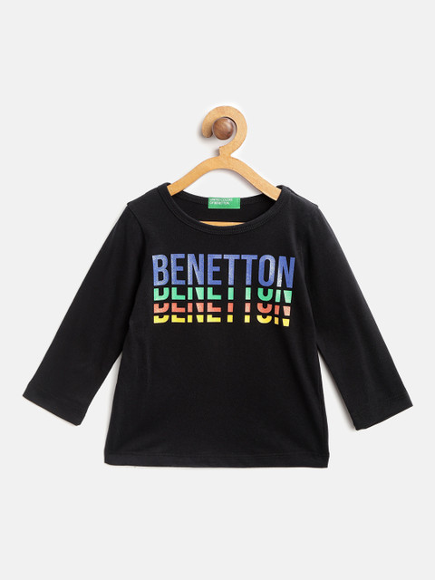 

United Colors of Benetton Girls Black Brand Logo Printed Round Neck Pure Cotton T-shirt