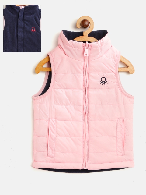 

United Colors of Benetton Kids Pink & Navy Blue Solid Sleeveless Reversible Padded Jacket