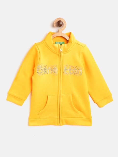

United Colors of Benetton Girls Yellow & Silver Brand Logo Studded Hooded Sweatshirt
