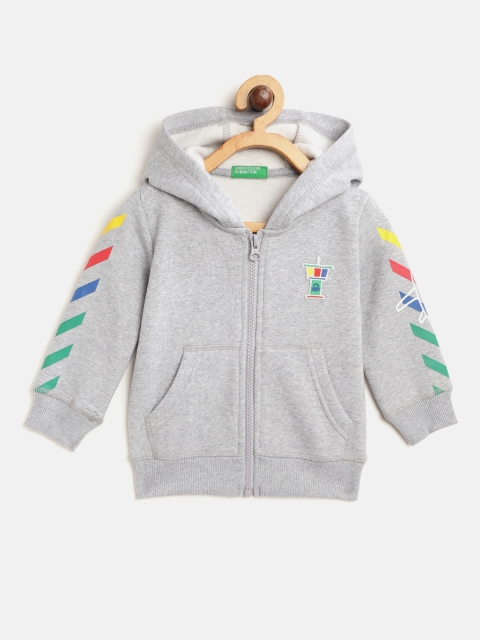 

United Colors of Benetton Boys Grey Melange Solid Hooded Sweatshirt with Printed Detail