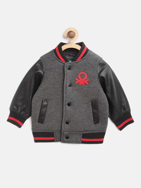 

United Colors of Benetton Boys Charcoal Grey Brand Logo Print Varsity Jacket
