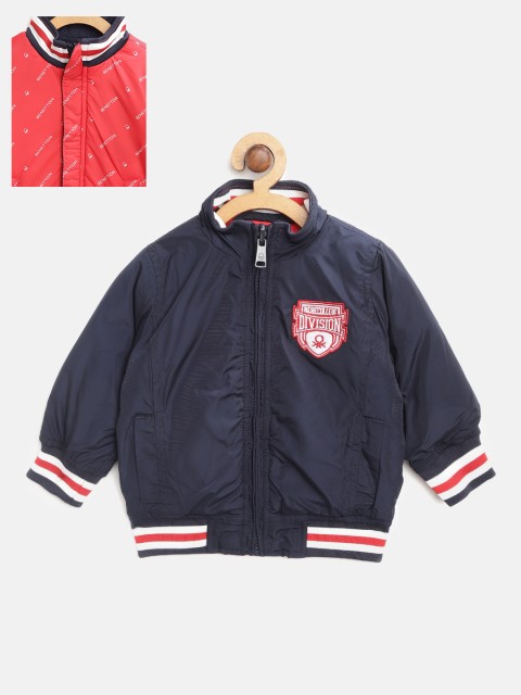 

United Colors of Benetton Boys Red & Navy Blue Brand Logo Print Reversible Bomber Jacket