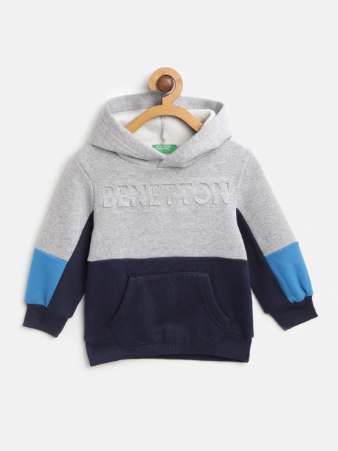 

United Colors of Benetton Boys Grey Melange & Navy Blue Colourblocked Hooded Sweatshirt