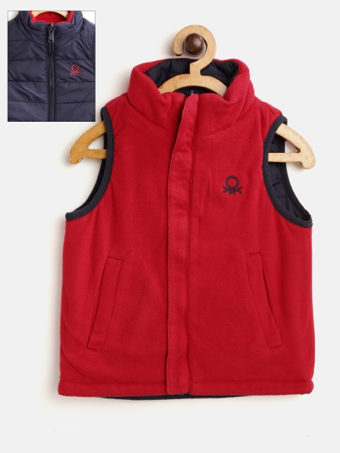 

United Colors of Benetton Kids Navy Blue & Red Solid Sleeveless Reversible Padded Jacket