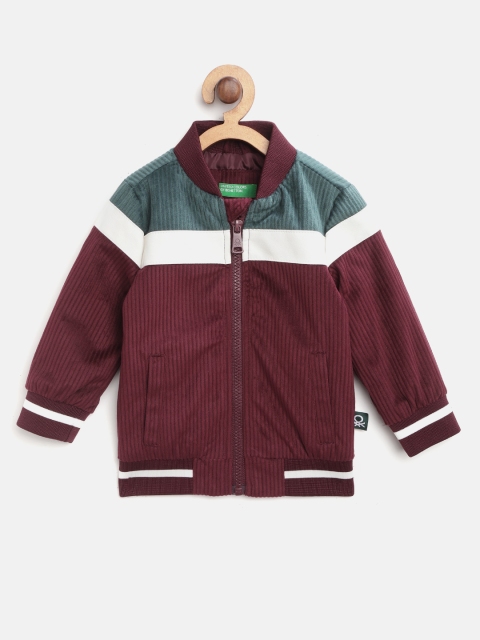 

United Colors of Benetton Boys Maroon & Green Colourblocked Corduroy Bomber Jacket