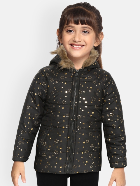 

Okane Girls Black & Golden Star Print Faux Fur Trim Hooded Parka Jacket