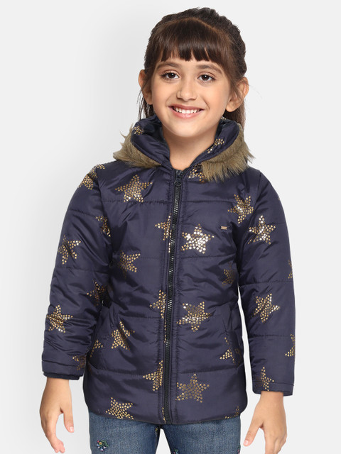 

Okane Girls Navy Blue & Golden Star Print Faux Fur Trim Hooded Parka Jacket