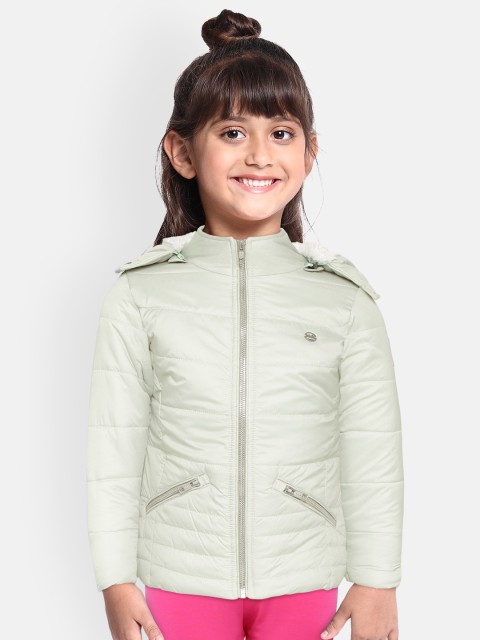 

Okane Girls Green Solid Faux Fur Trim Parka Jacket with Detachable Hood