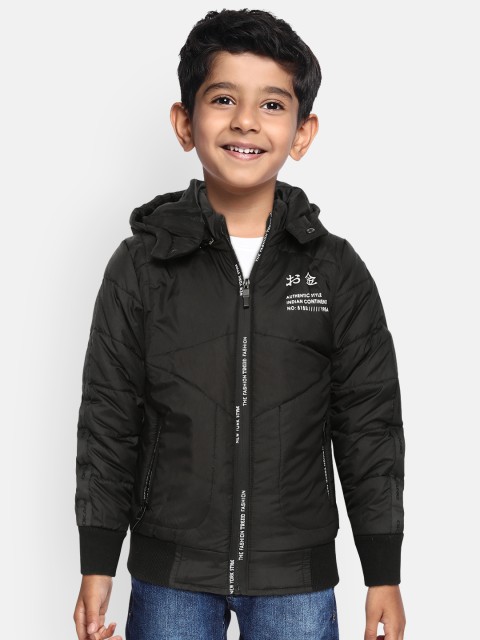 

Okane Boys Black Solid Bomber Jacket with Detachable Hood