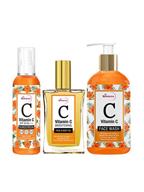 

StBotanica Set Of 3 Vitamin C Face & Body Oil 100ml With Sunscreen 120ml & Face Wash 200ml, Orange