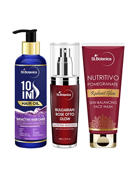 

St.Botanica Unisex 10 in 1 Hair Oil + Bulgarian Rose Moisturizer + Face Wash 360 gm, Red