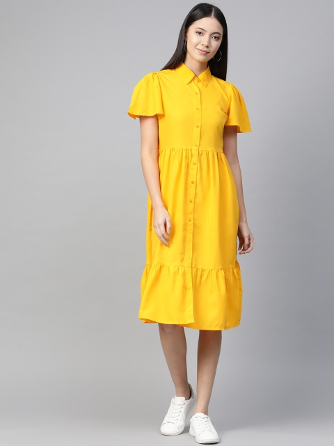 

plusS Women Yellow Solid Tiered Shirt Dress
