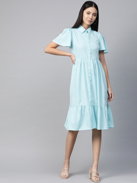 

plusS Women Blue Solid Tiered Shirt Dress
