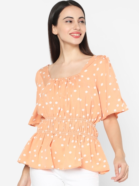

Deal Jeans Women Peach-Coloured & White Polka Dot Print Empire Top
