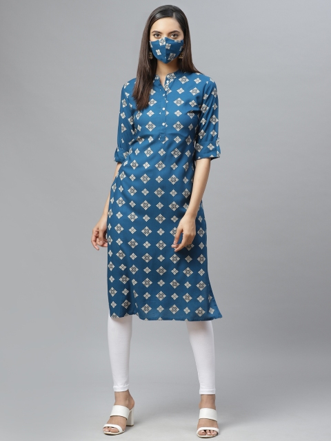 

Cayman Women Teal Blue Off-White Printed Straight Kurta