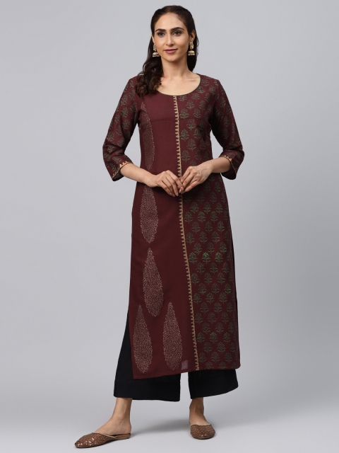 

Akshatani Women Burgundy & Golden Hand Block Printed Straight Kurta