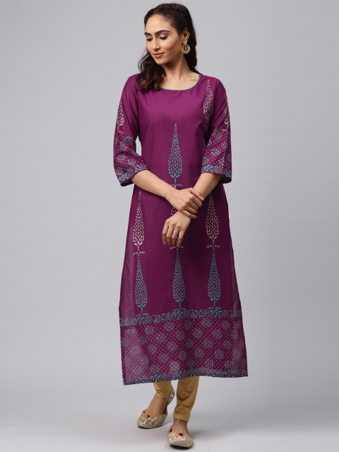 

Akshatani Women Purple & Blue Hand Block Printed Straight Kurta