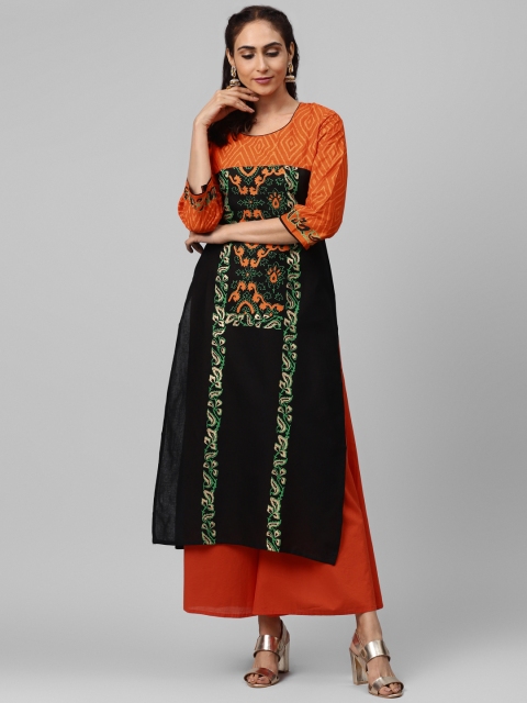

Akshatani Women Black & Orange Hand Block Printed Straight Kurta