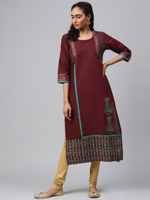 

Akshatani Women Burgundy & Blue Hand Block Printed Straight Kurta