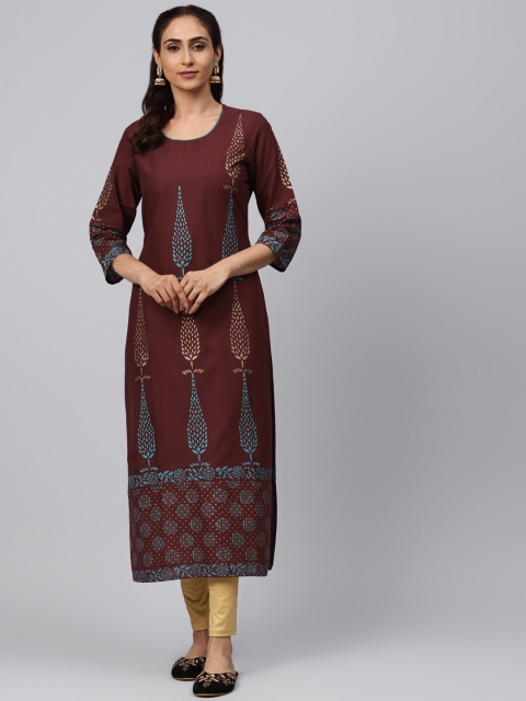 

Akshatani Women Burgundy & Golden Hand Block Printed Straight Kurta