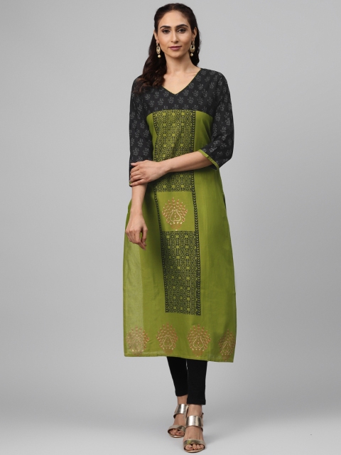 

Akshatani Women Olive Green & Black Hand Block Print Straight Kurta