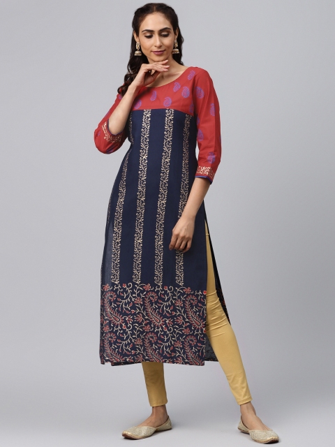 

Akshatani Women Navy Blue & Red Hand Block Printed Straight Kurta