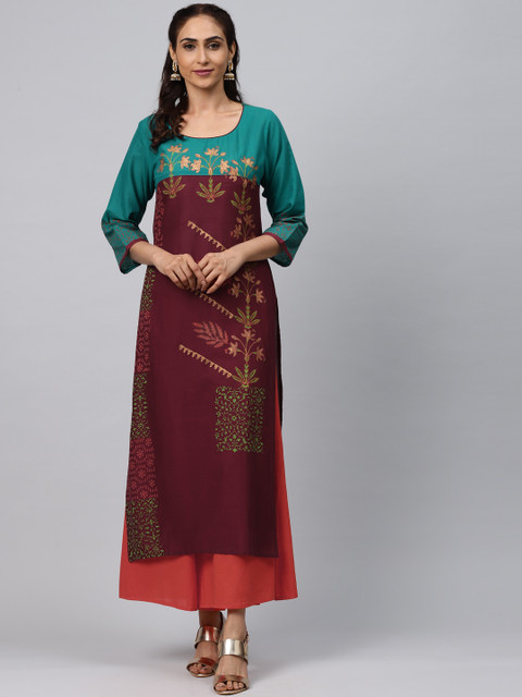 

Akshatani Women Burgundy & Blue Hand Block Print Straight Kurta