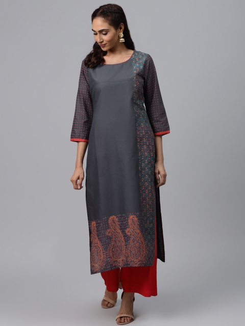 

Akshatani Women Charcoal Grey & Orange Paisley Hand Block Print Straight Kurta