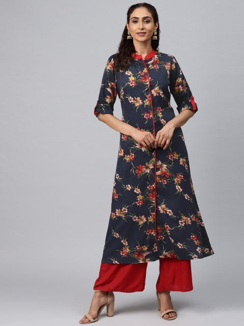 

Akshatani Women Navy Blue & Red Floral Printed A-Line Kurta