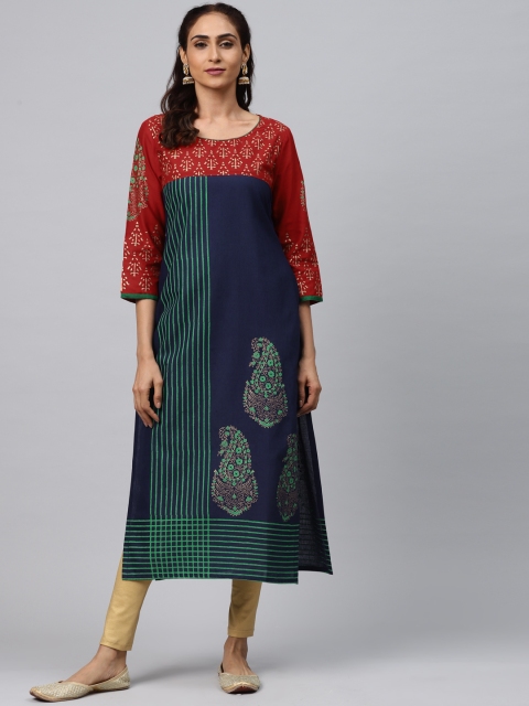 

Akshatani Women Navy Blue & Green Paisley Hand Block Print Straight Kurta