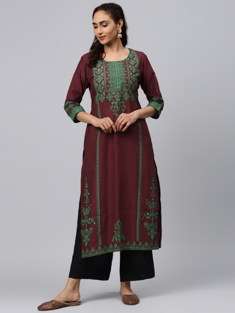 

Akshatani Women Burgundy & Green Hand Block Print Straight Kurta