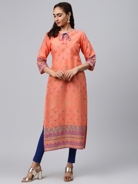 

Akshatani Women Coral Orange & Blue Hand Block Print Straight Kurta