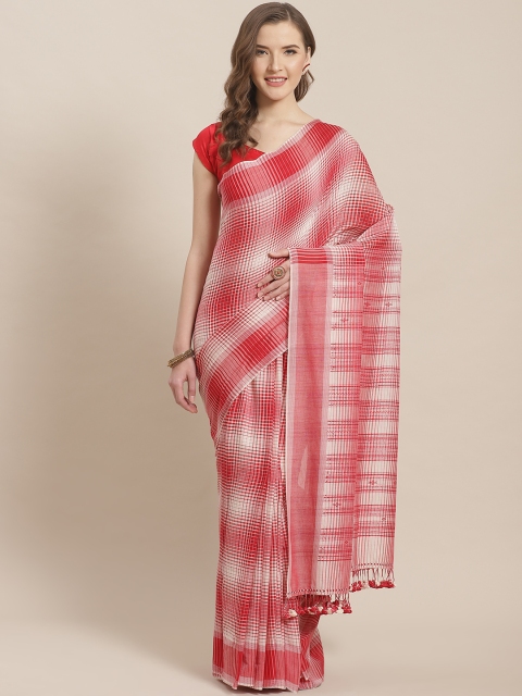 

ADITRI Off-White & Red Pure Cotton Checked Saree