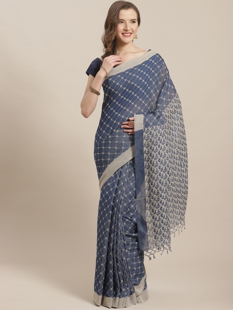 

ADITRI Blue & Grey Pure Cotton Checked Celebrity Saree