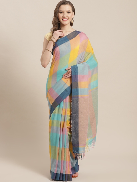 

ADITRI Blue & Yellow Checked Saree