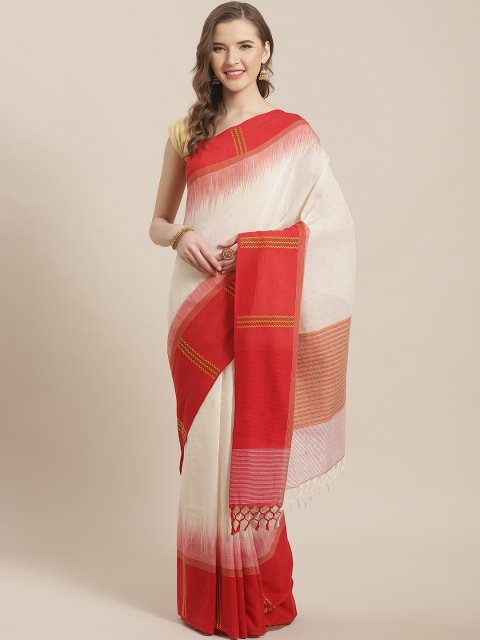 

ADITRI Off-White & Red Pure Cotton Woven Design Saree